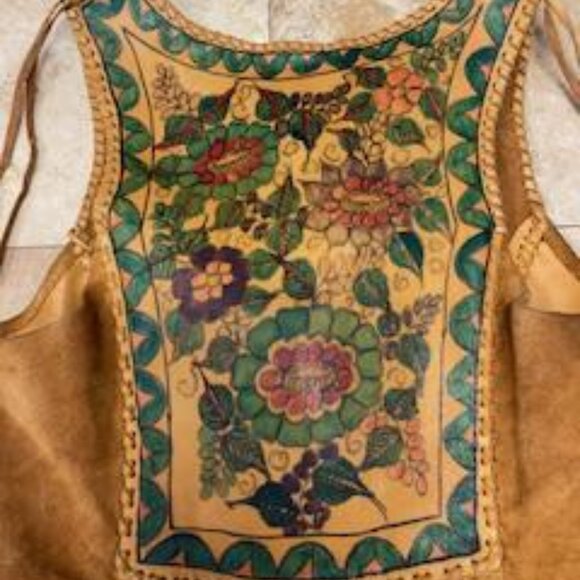 70s Char Leather & Suede Hand Painted Floral Vest Hippie Boho Bohemian Woodstock - Picture 8 of 9